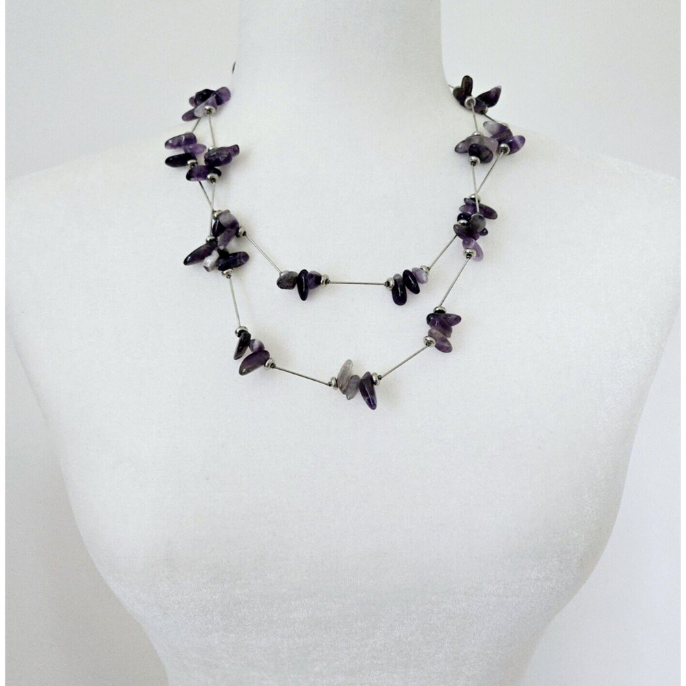 Amethyst Necklace Purple Stone Silvertone Statement Modern Brutalist Maximalist - Picture 3 of 10